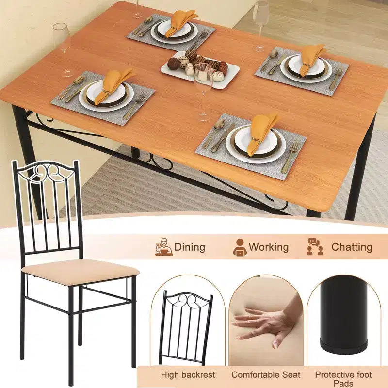 Ensemble de salle à manger 5 pièces en bois et métal, table de 76 cm et 4 chaises rembourrées, meubles de cuisine pour petit-déjeuner