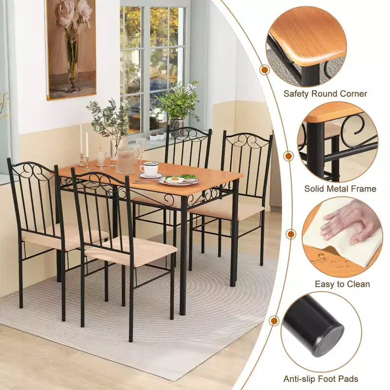 Ensemble de salle à manger 5 pièces en bois et métal, table de 76 cm et 4 chaises rembourrées, meubles de cuisine pour petit-déjeuner