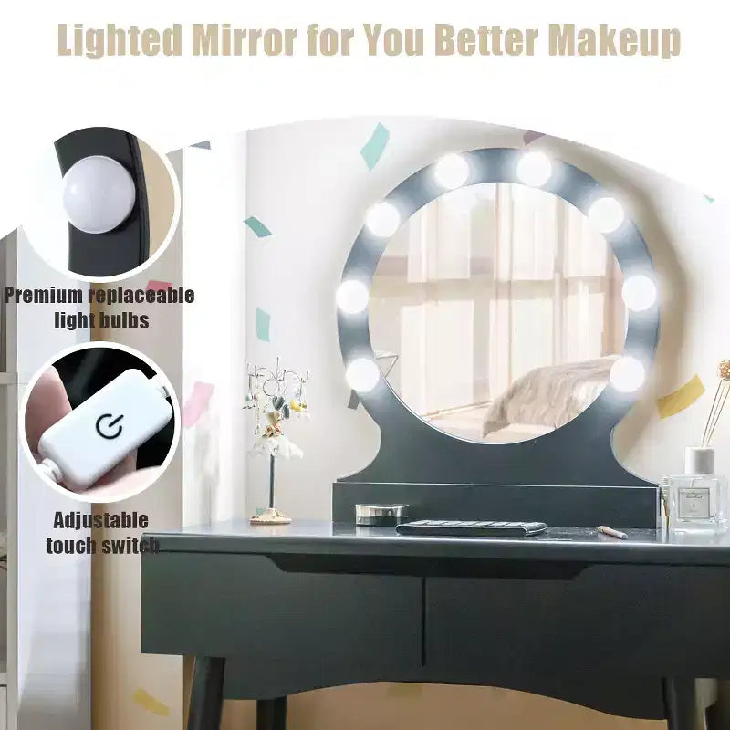 Miroir de courtoisie avec 8 ampoules dimmables, éclairage Noir Blanc Naturel