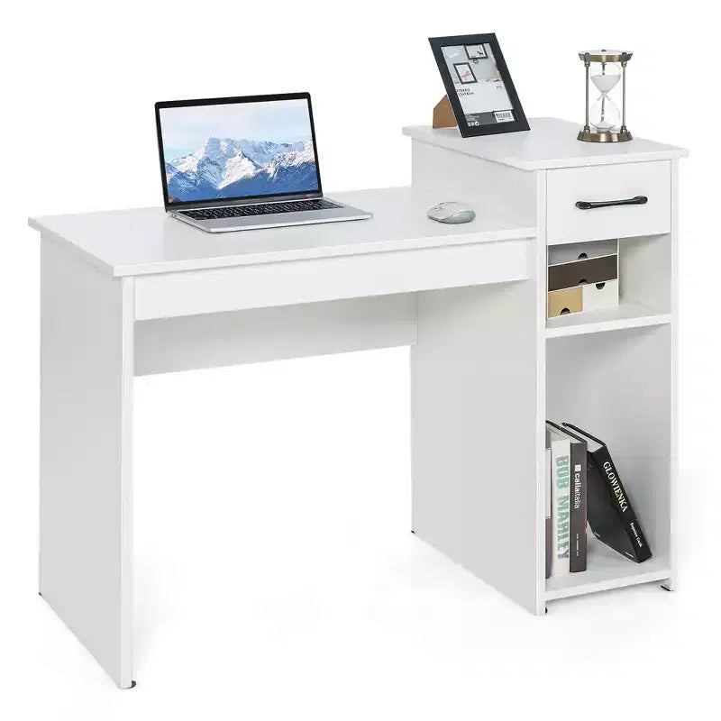 Bureau informatique avec tiroir et étagère, meuble de bureau à domicile blanc