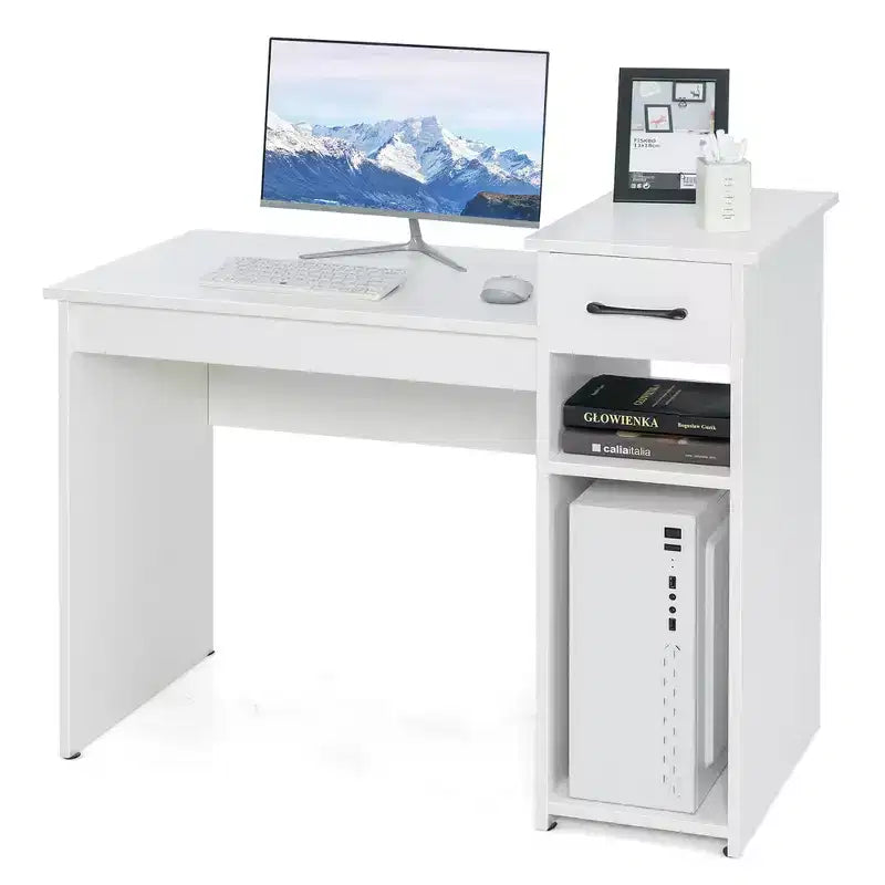 Bureau informatique avec tiroir et étagère, meuble de bureau à domicile blanc