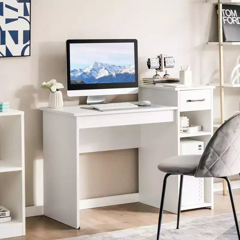 Bureau informatique avec tiroir et étagère, meuble de bureau à domicile blanc