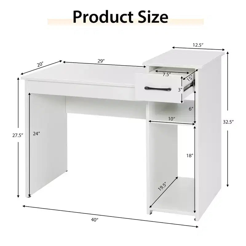 Bureau informatique avec tiroir et étagère, meuble de bureau à domicile blanc
