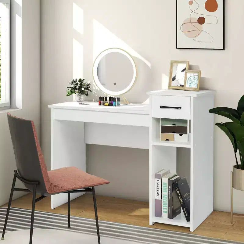 Bureau informatique avec tiroir et étagère, meuble de bureau à domicile blanc