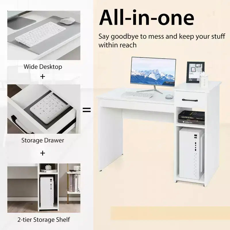 Bureau informatique avec tiroir et étagère, meuble de bureau à domicile blanc