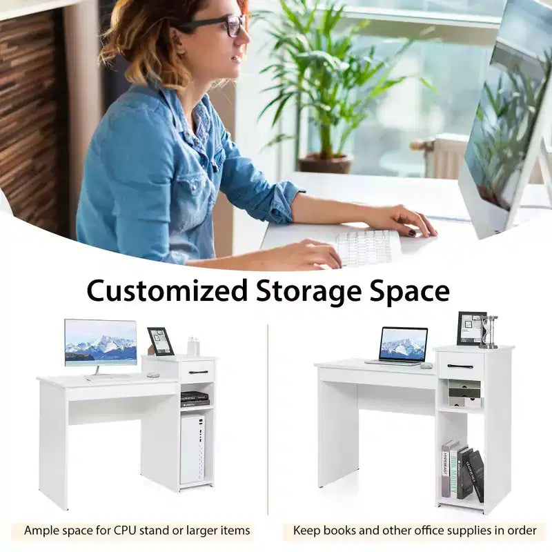 Bureau informatique avec tiroir et étagère, meuble de bureau à domicile blanc