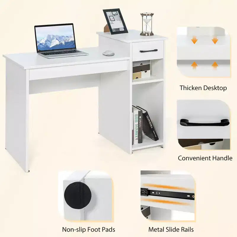 Bureau informatique avec tiroir et étagère, meuble de bureau à domicile blanc