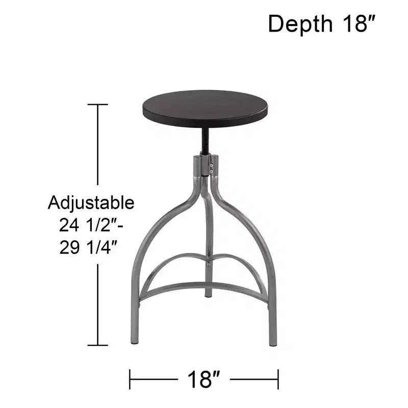 Tabouret de bar pivotant en métal argenté Talor, hauteur 29 1/4, siège en bois noir réglable de style industriel avec repose-pieds, pour îlot de cuisine ou comptoir de maison